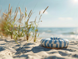 Obraz premium blue and white Inflatable ring on the sand, sea beach, summer background. travel concept. 