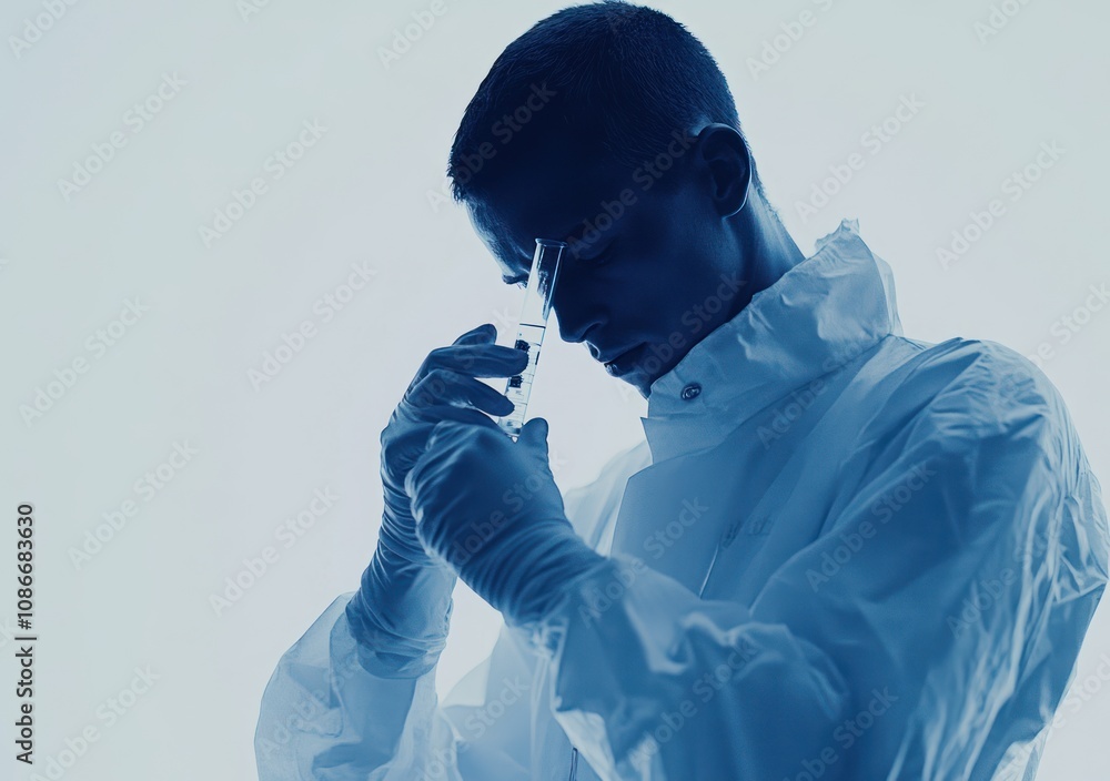 Poster a scientist in a lab coat examines a syringe, symbolizing research and innovation in science.