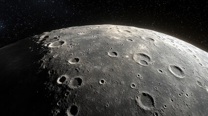 Craters on the moon illuminated by starlight with Earth visible in the distance, emphasizing the vastness of space and lunar exploration themes.