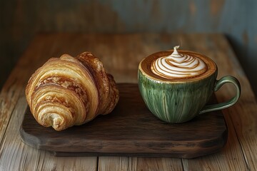 Fototapeta premium Morning Indulgence of Coffee and Croissant by Generative Ai