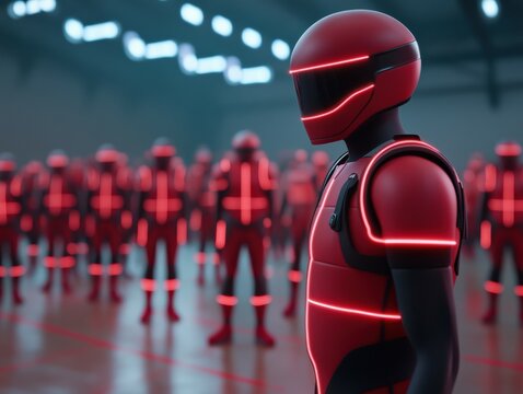 A futuristic football team lined up, glowing lines showing their tactical alignment