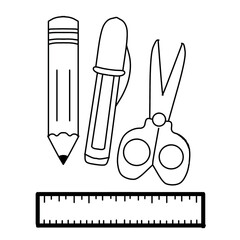 Four school supplies consisting of a ruler, scissors, pencil and pen. Vector flat ilustration in hand drawn style and white background. Back to school