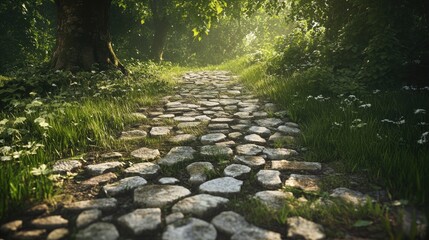 Aged cobblestone pathway in a sunlit forest, bordered by lush greenery and wildflowers, evoking a sense of tranquility and nature's timeless beauty in a serene woodland setting