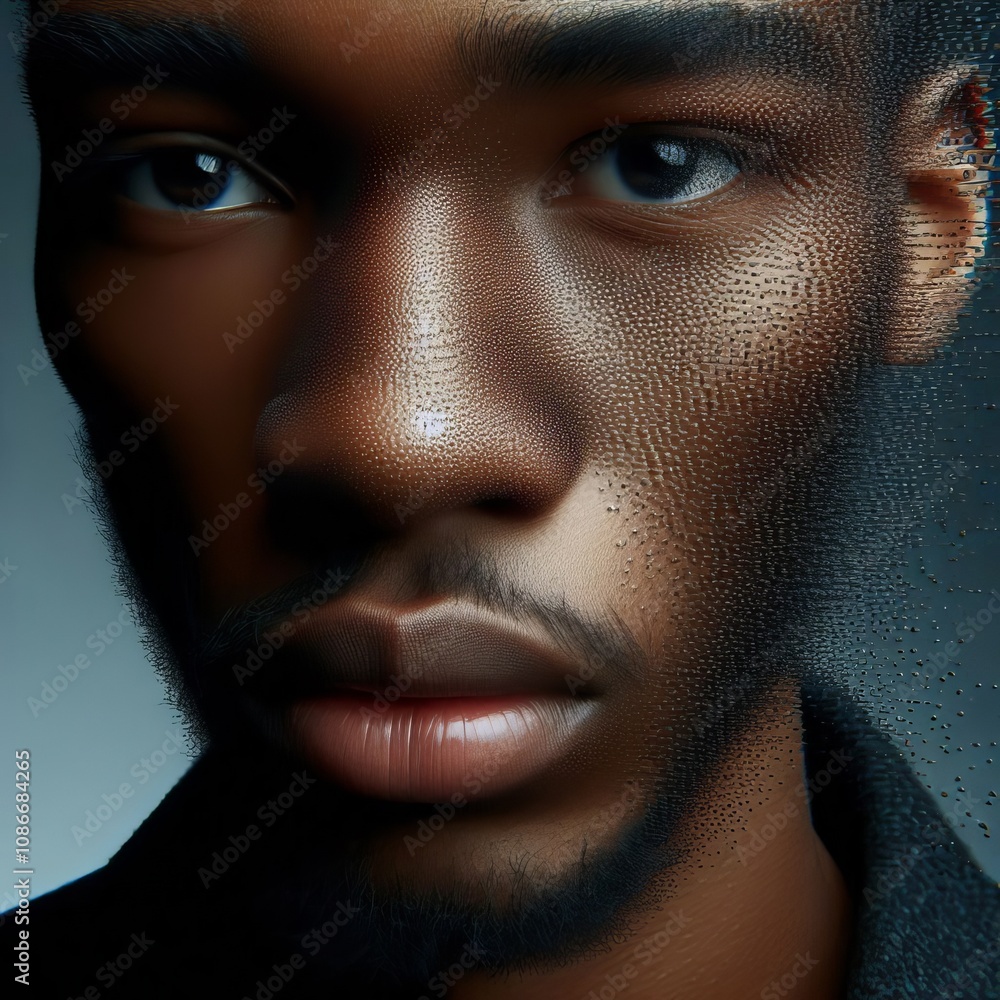 Poster a close up of a person's face with a visible noise such as a noi
