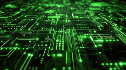 Obraz premium Illuminated Green Circuit Board Abstract Pattern Representing Digital Technology and Connectivity in the Global Digital Landscape