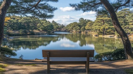 Obraz premium Serene Landscape with Tranquil Lake and Scenic Park Bench Surrounded by Lush Greenery and Majestic Trees Beneath a Clear Blue Sky