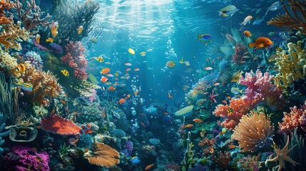 Fototapeta premium A vibrant underwater coral reef teeming with diverse marine life, including colorful fish, crustaceans, and other sea creatures, creating a thriving ecosystem beneath the ocean's surface.