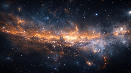 Fototapeta premium Stunning panoramic image of a celestial city illuminated by vibrant cosmic hues, set against a dazzling galaxy backdrop shimmering with stars.