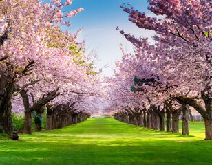 Sakura Cherry blossoming alley. Wonderful scenic park with rows of blossoming cherry sakura trees and green lawn in spring on fresh green lawn