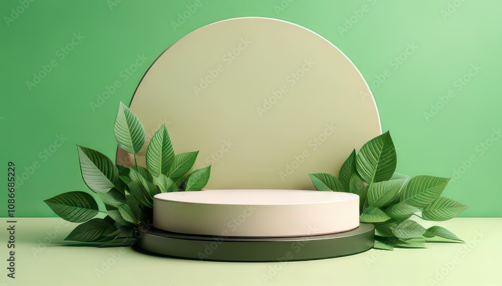 Poster blank podium elevated minimalist with eco-friendly concept. minimalistic display with greenery and c