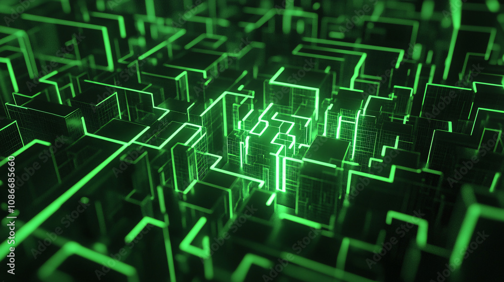 Poster glowing green geometric shapes forming a maze-like structure, representing the complex architecture 