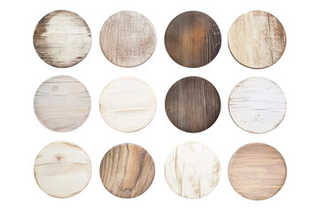 A set of round wooden coasters featuring natural grain textures and varying shades, isolated on a white background, perfect for rustic decor.

