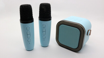 Blue wireless bluetooth microphone and speaker