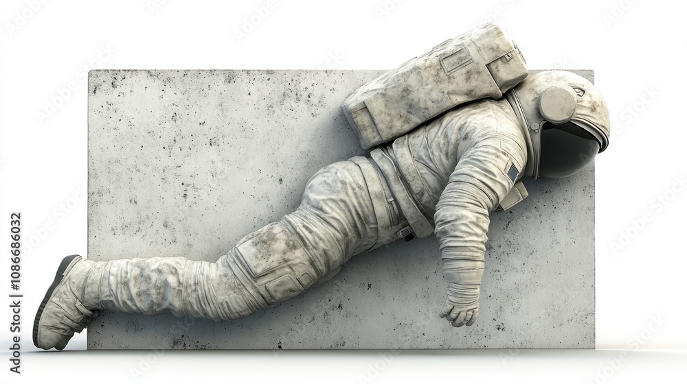 Poster an astronaut figure lying against a concrete wall, symbolizing isolation in space.