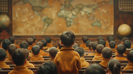 Young Students Learning Geography in Classroom with World Map, Education, Diverse, Kids, Knowledge