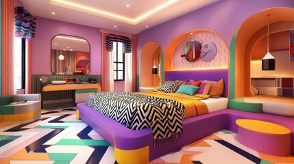 Vibrant and Playful Interior Design of a Modern Bedroom with Colorful Accents, Unique Furniture, and Artistic Geometric Patterns for Contemporary Living Spaces