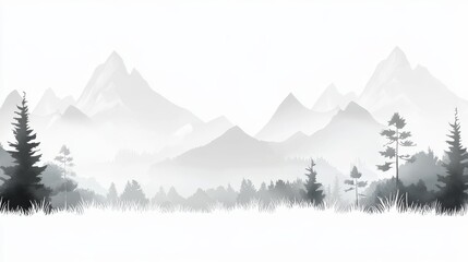 Fototapeta premium Serene monochromatic mountain landscape with misty trees and distant peaks.