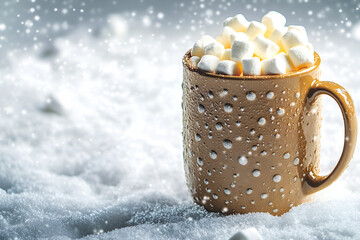 A cozy Christmas banner featuring a hot cocoa mug with marshmallows, set against a snowy background.