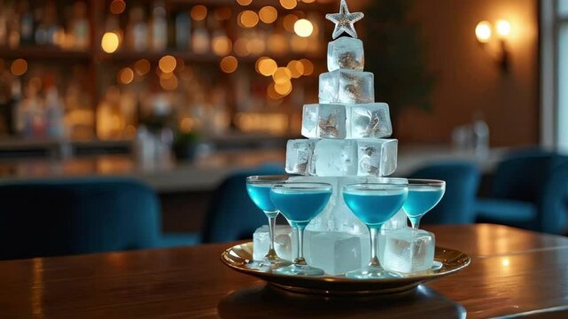  ice cube christmas tree  with glasses of blue drink, Festive blurred bar background, copy space.	