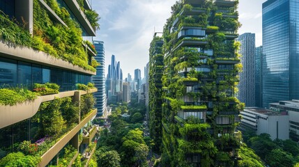 Obraz premium A city lush with greenery, where vibrant plants and trees are integrated into the urban landscape, creating a refreshing and eco-friendly environment for residents and visitors.