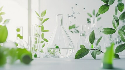 Aesthetic Laboratory Scene with Glassware, Green Leaves, and Molecules Showcasing Nature and Science Interaction in a Bright Environment