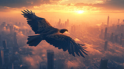 Fototapeta premium Golden eagle soaring above a futuristic cityscape, its wings shimmering with energy as it flies into the sunrise. 