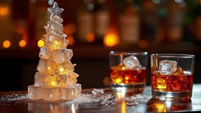 Christmas tree made of ice cubes with shot glasses of cognac, whiskey or liqueur. Festive blurred bar background, copy space.	