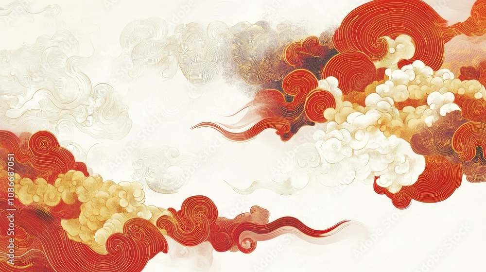 Poster abstract swirling clouds in red, white, and gold hues with intricate wave patterns evoking a sense o