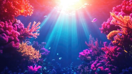 Fototapeta premium Colorful coral reef bathed in sunlight, revealing intricate textures and vibrant hues in a stunning underwater scene.