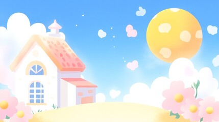 Fototapeta premium A whimsical landscape featuring a charming house, flowers, and a bright sunny sky.