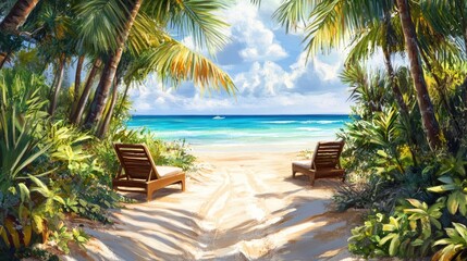 Fototapeta premium Tropical beach landscape with sun beds surrounded by palm trees and clear blue waters, perfect for vacation-themed designs or illustrations.