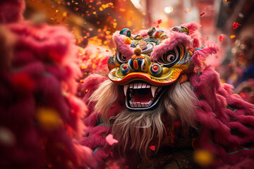 Generative AI picture concept of chinese asian new year, traditional decorations customs food carnival