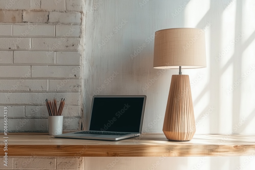 Poster rustic workspace with wooden lamp and laptop designed by generative ai
