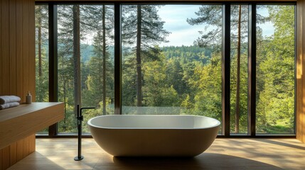 Fototapeta premium Serene Modern Bathroom with Freestanding Bathtub Overlooking Lush Forest Landscape Through Large Windows in Peaceful Natural Setting