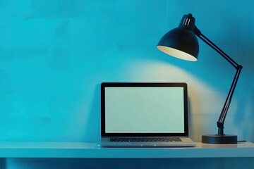 Sleek Workspace with Laptop and Desk Lamp Crafted by Generative Ai