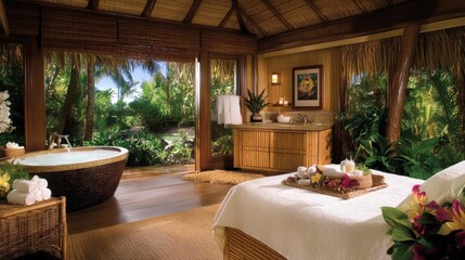 Fototapeta premium Serene Tropical Spa Retreat with Luxurious Bathtub, Elegant Décor, and Refreshing Nature Views Surrounded by Lush Greenery and Relaxing Atmosphere