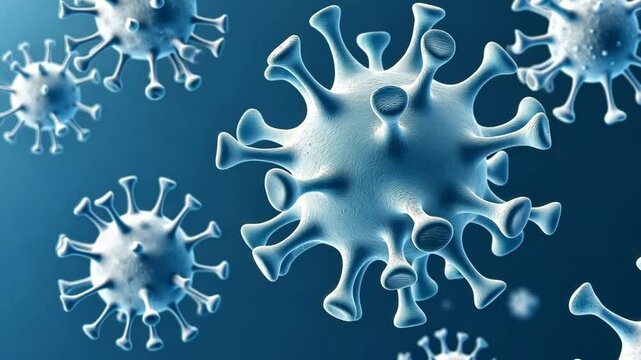 A close up of a virus with a blue background. The virus is surrounded by a blue halo