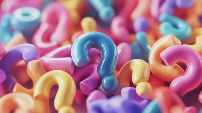 Colorful 3D question marks in a vibrant mix, symbolizing curiosity and inquiry with playful and glossy surfaces in a dynamic arrangement.
