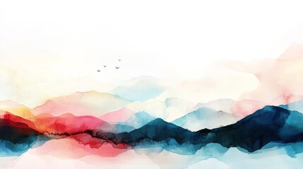 A serene watercolor landscape with mountains and soft colors reflecting tranquility.