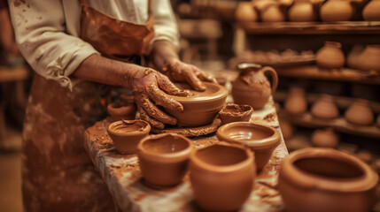 Handmade Pottery Process Close Up of Hands Shaping Clay on the Potters Wheel
