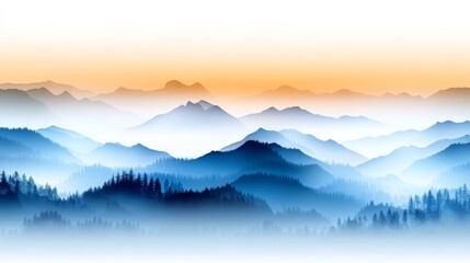 Obraz premium Stunning mountain landscape at sunrise with fog and layered peaks beneath a colorful sky.