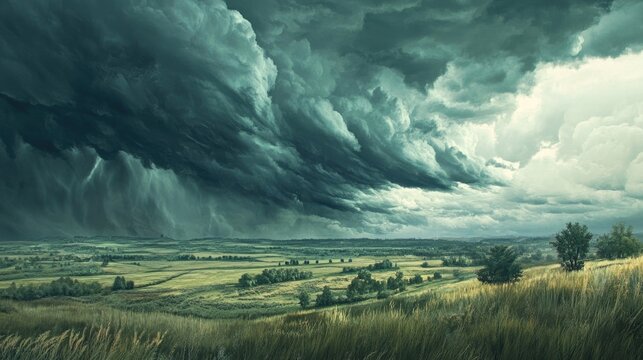 Dramatic storm clouds loom over a picturesque landscape, showcasing vibrant greenery and rolling hills in a captivating game art scene.