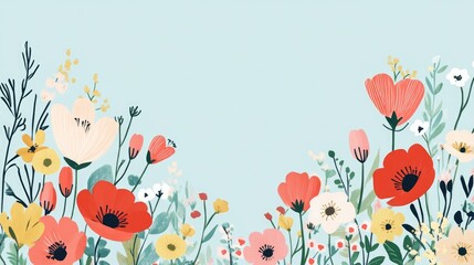 Vibrant wildflower border illustration on light blue background perfect for spring or Easter greeting cards featuring space for personal messages.
