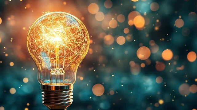 A light bulb is lit up and surrounded by a blurry background
