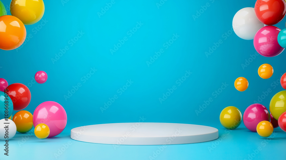 Poster colorful and vibrant background with floating spheres and a circular platform ideal for product disp