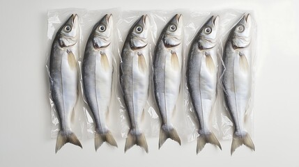 Frozen fish neatly packaged and placed on a kitchen table, Fish Product Photography, ready to cook