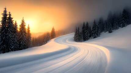 Winter sunset drive snowy road mountain landscape tranquil view