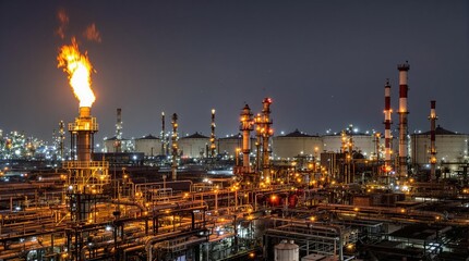 A photo of the Petroleum refinery at night. The refinery is a large industrial complex with many pipes, tanks, and buildings