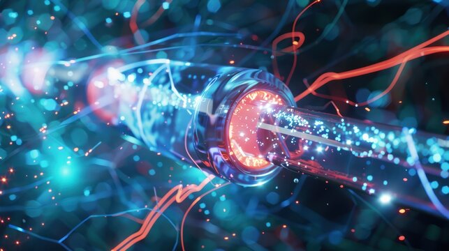 A futuristic depiction of high-speed data transfer, featuring glowing blue and pink lights, interconnected networks, and energy streams traveling through metallic conduits in a digital environment.