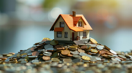 Residential Investment Miniature House on a Stack of Coins Depicting Wealth